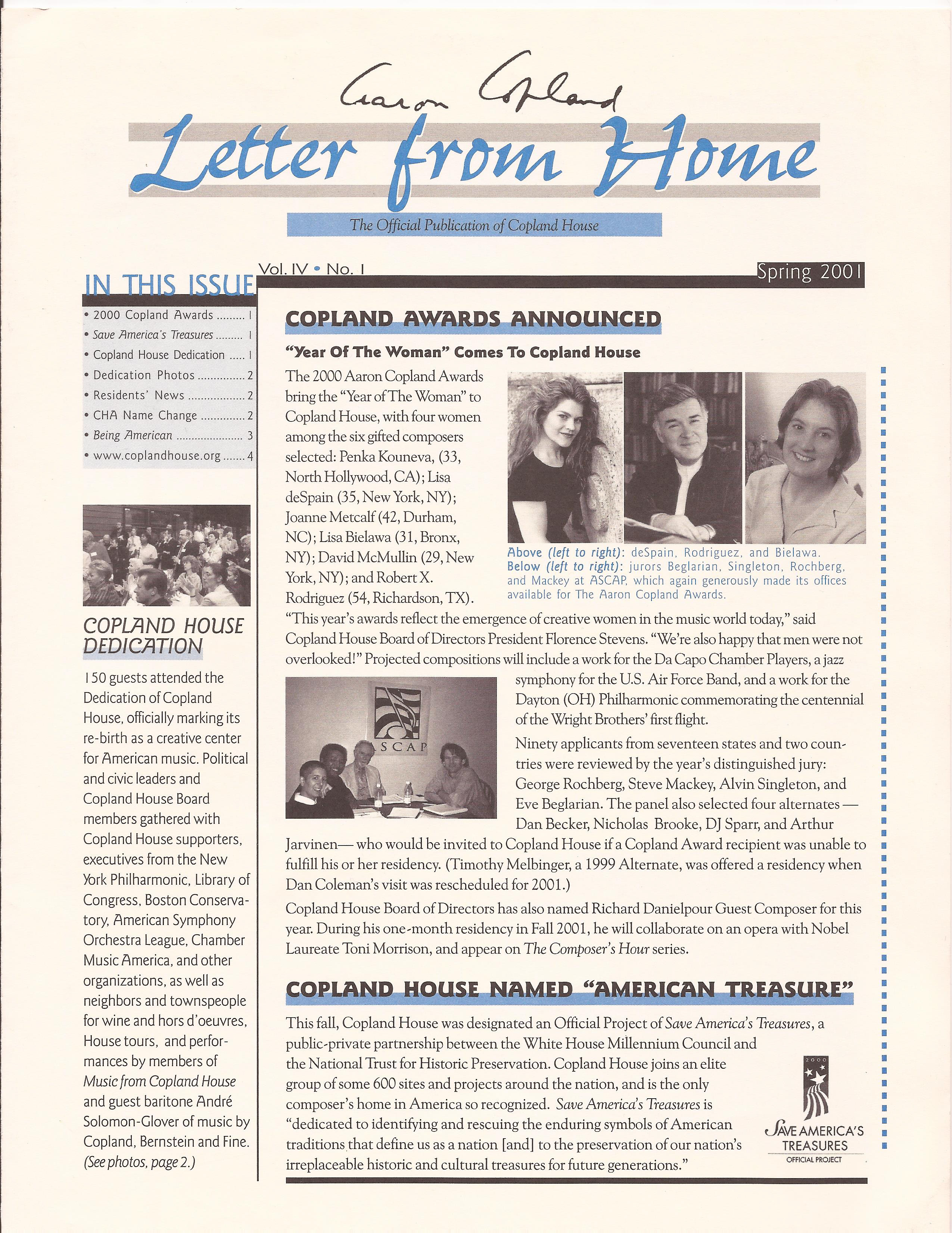 Aaron Copland Letter From Home - Being American Spring 2001 Cover